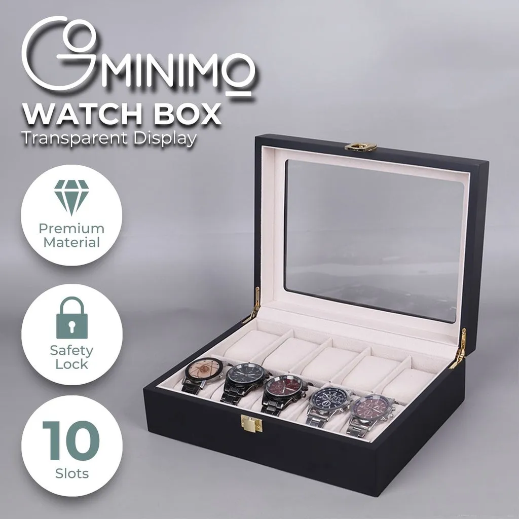 10 Slot Watch Display Box, Glass Top, Black Wood Case