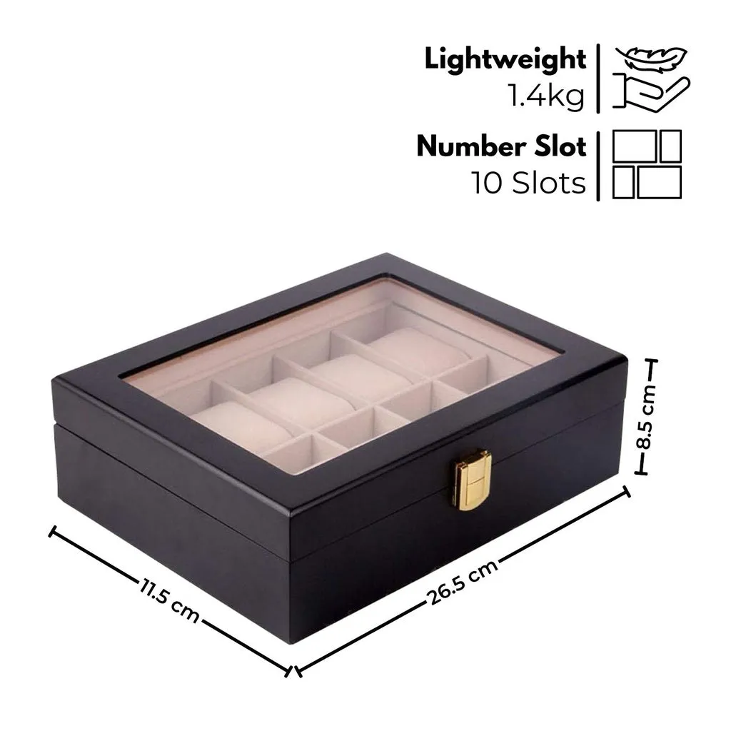 10 Slot Watch Display Box, Glass Top, Black Wood Case