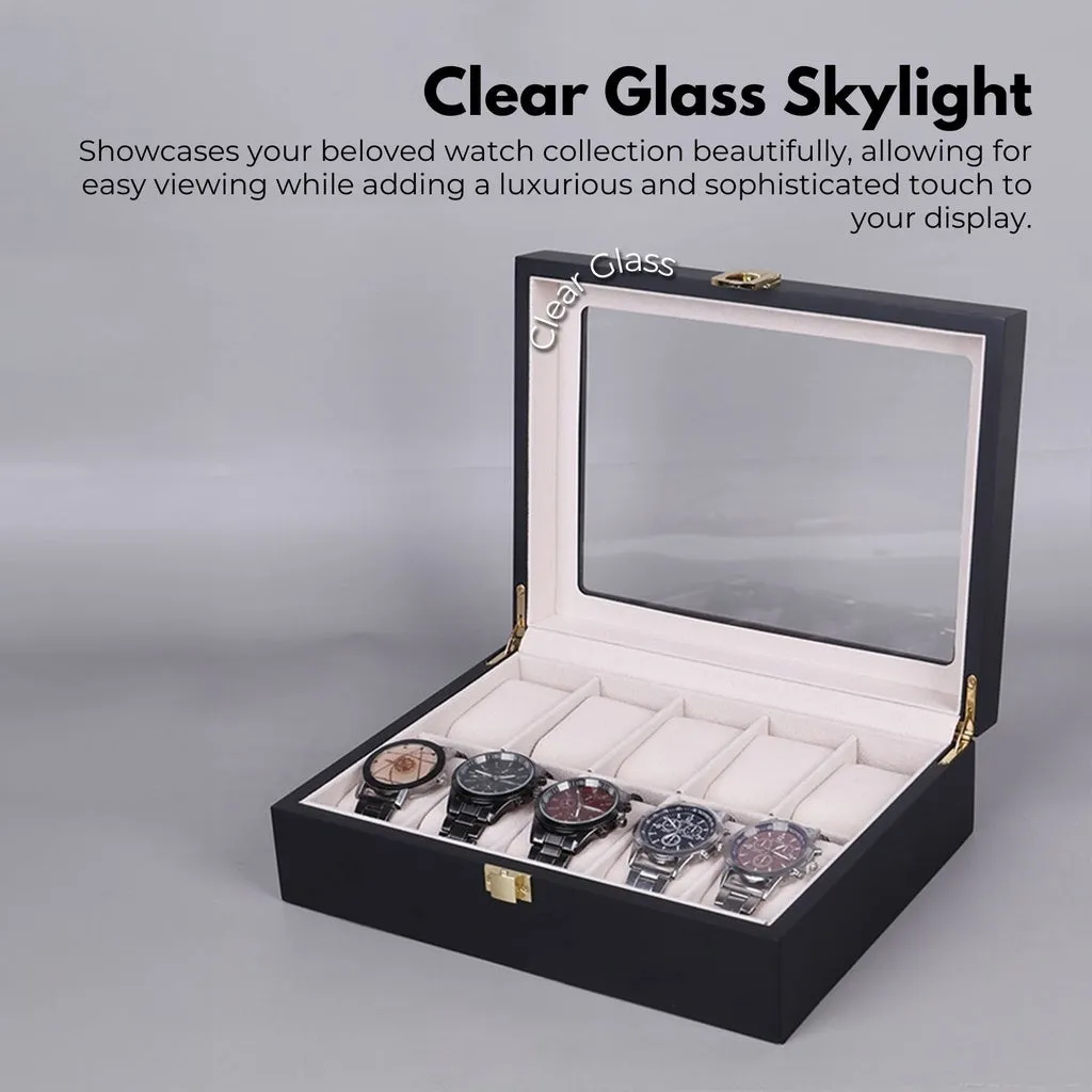 10 Slot Watch Display Box, Glass Top, Black Wood Case