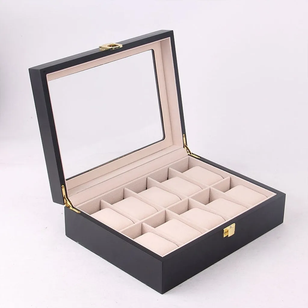 10 Slot Watch Display Box, Glass Top, Black Wood Case