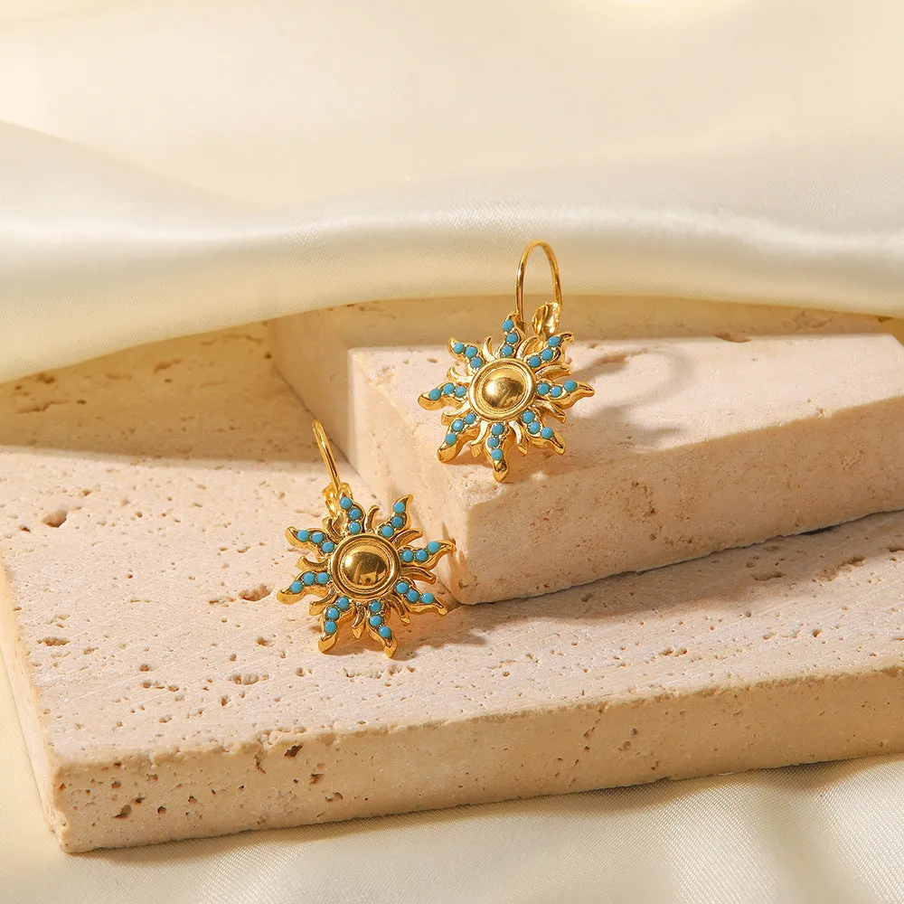 18k Gold Plated Sapphire Sun Shape Drop Earrings