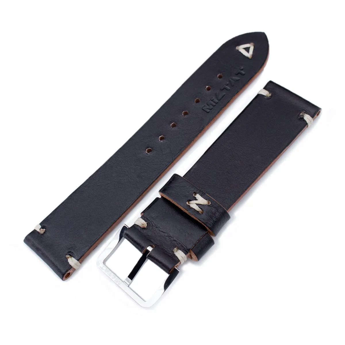 20mm, 21mm, 22mm MiLTAT Black Genuine Calf Leather Watch Strap, Beige Stitching, Polished Buckle