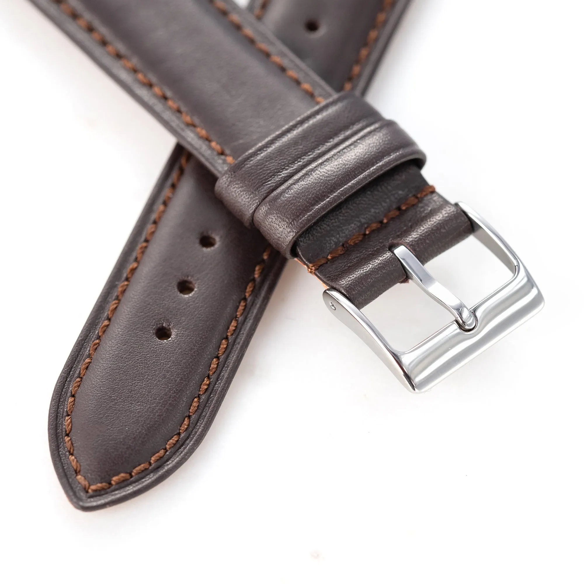 20mm 22mm Quick Release Padded Leather Watch Strap - Dark Brown Full Stitch