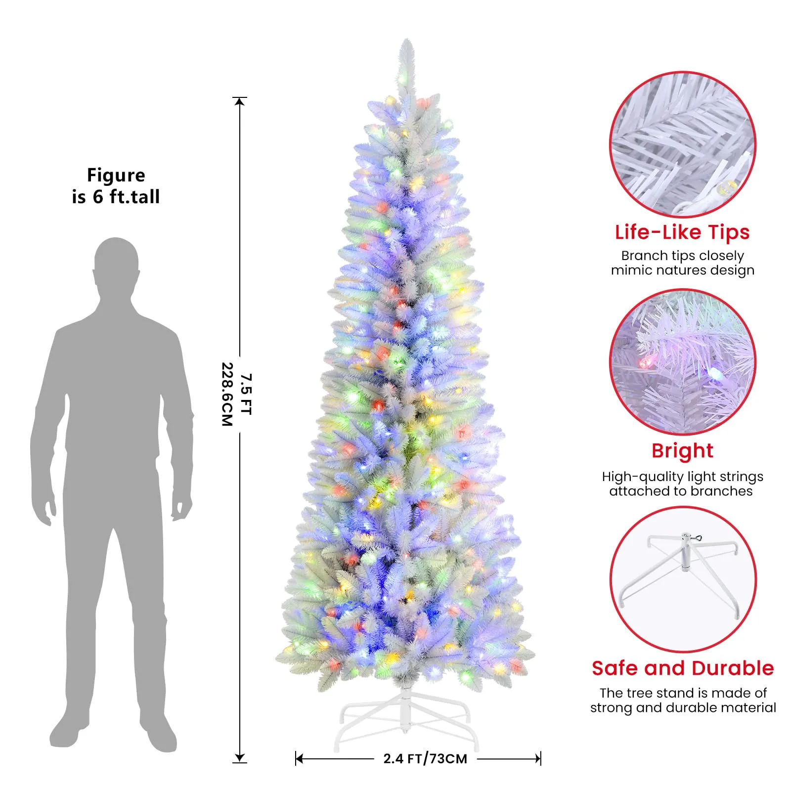 7.5ft Prelit Warm White & Multi-Color Lights Artificial Hinged Slim Pencil Christmas Tree with Remote-White