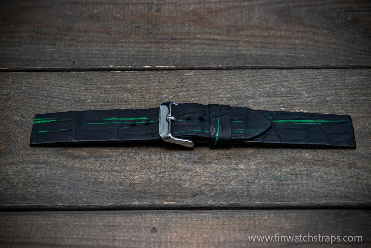 Alligator watch strap, Black matte with neon paint, handmade in Finland, French Croco