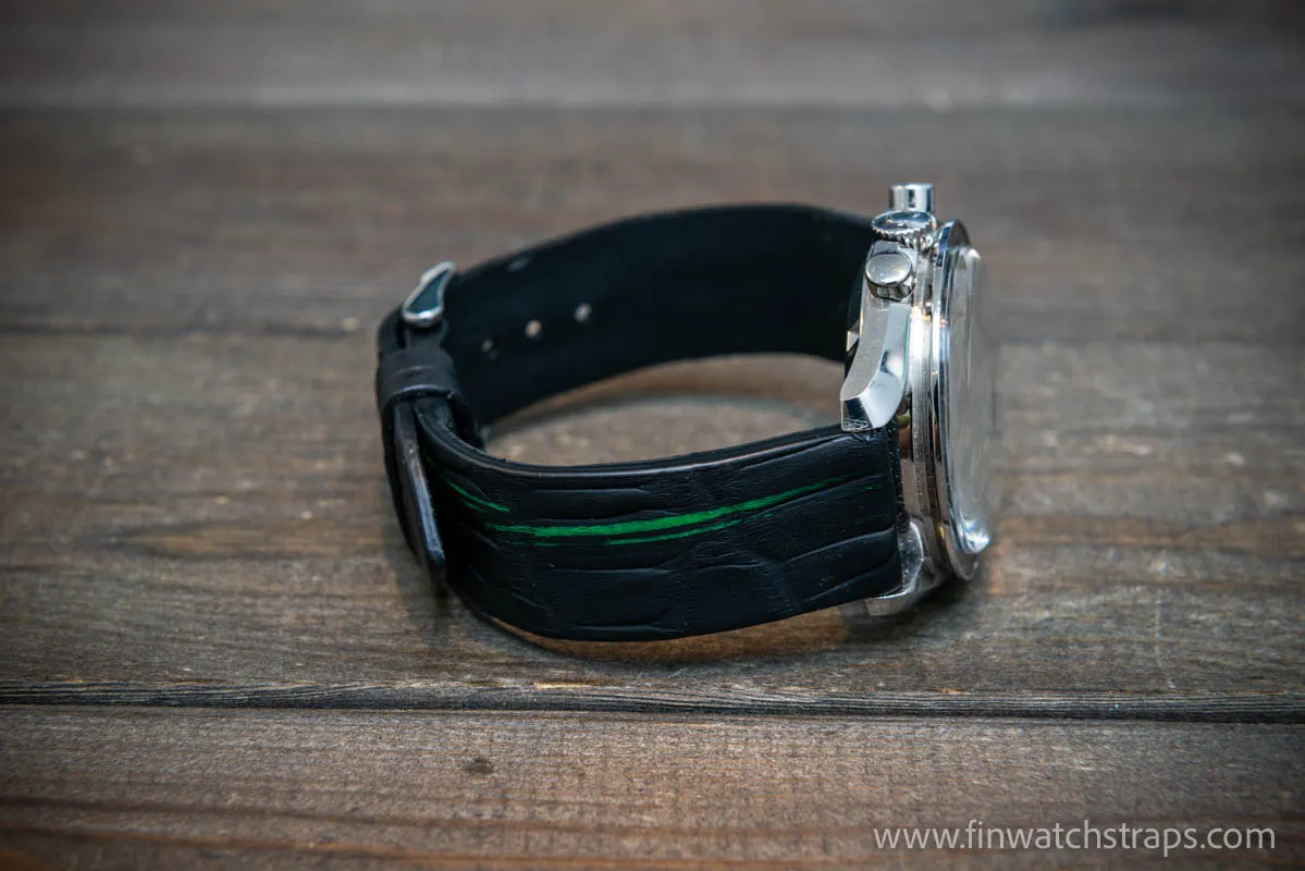 Alligator watch strap, Black matte with neon paint, handmade in Finland, French Croco