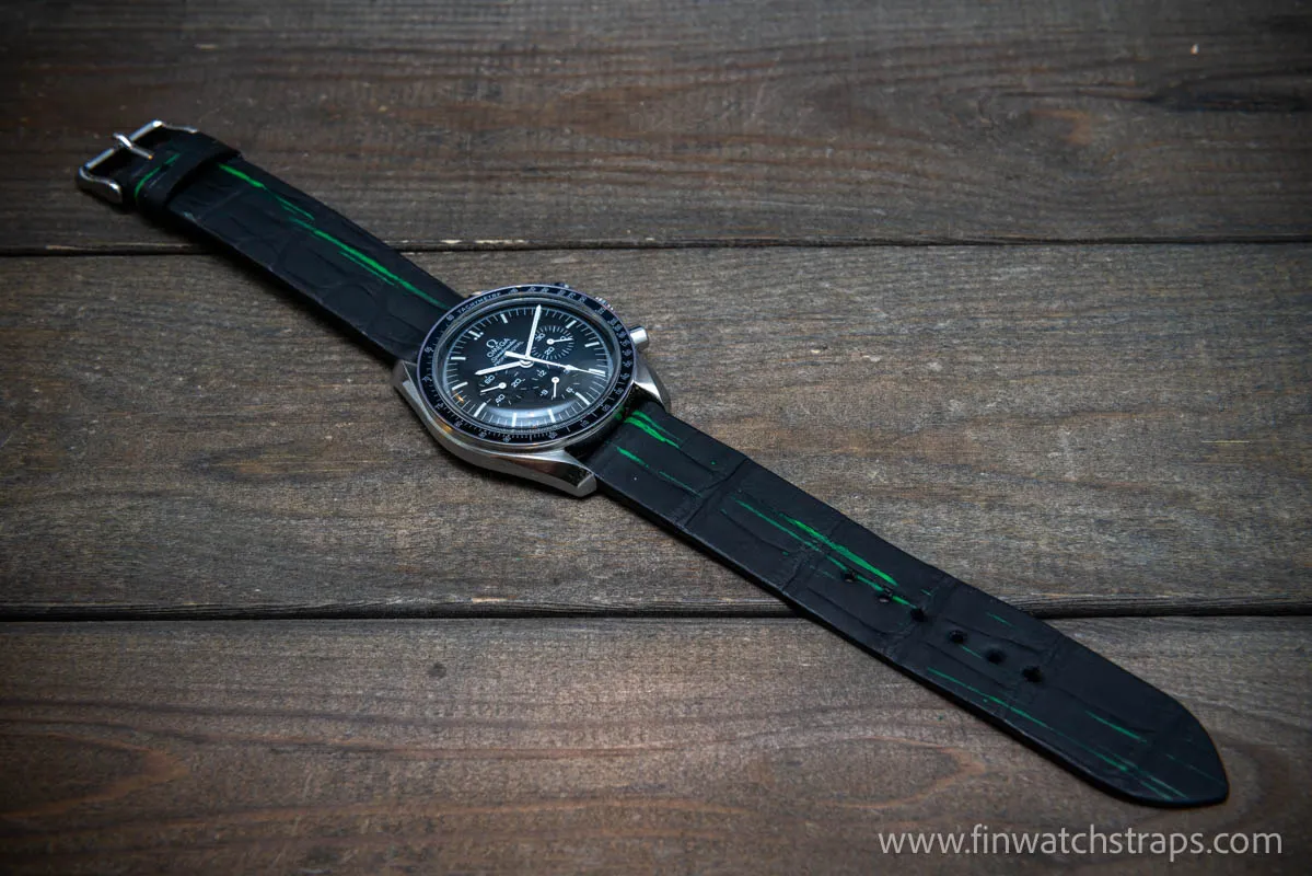 Alligator watch strap, Black matte with neon paint, handmade in Finland, French Croco