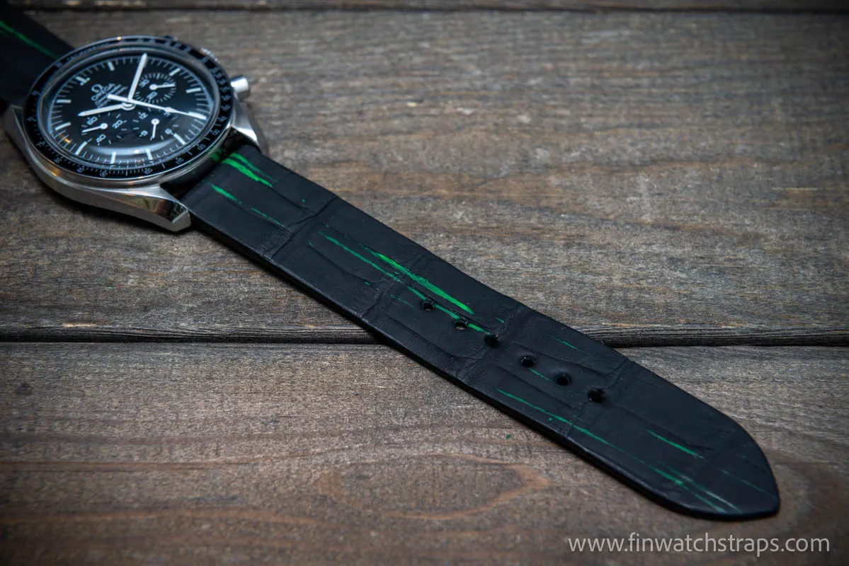 Alligator watch strap, Black matte with neon paint, handmade in Finland, French Croco