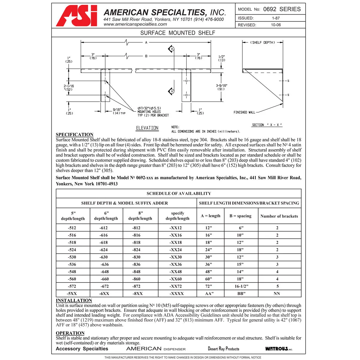 ASI 0692-636 Commercial Restroom Shelf, 6" D x 36" L, Stainless Steel w/Satin Finish