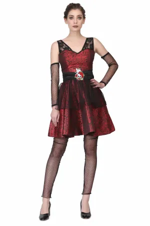 Black/red brocade Dress with Skull Rose Embroidered Ptach