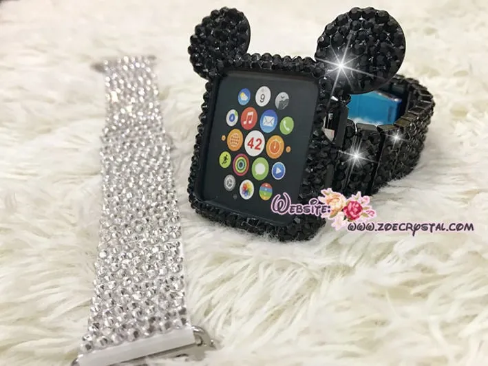 Bling Apple Watch Black Swarovski Case/ Protector / Cover with a White/Black Rhinestone iWatch Band / Strap