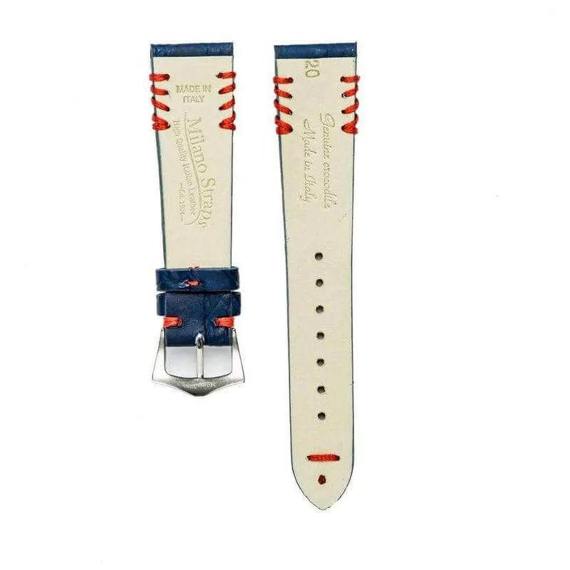 Blue Rubberized Crocodile Watch Strap Red Tribal Stitches