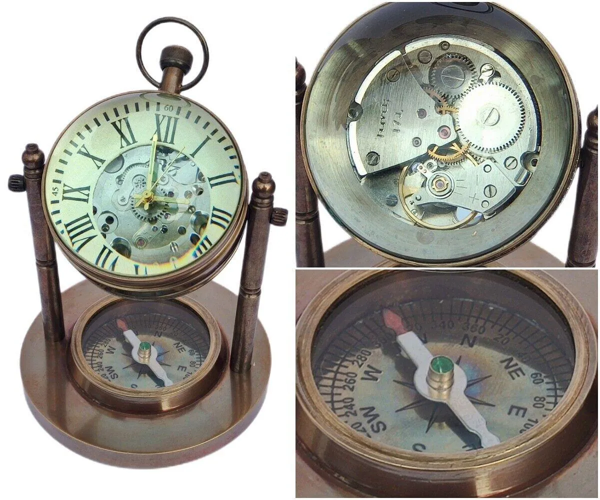 Brass Mechanical Desk Clock Base Compass Collectible Decorative Gift Unique Steampunk Timepiece