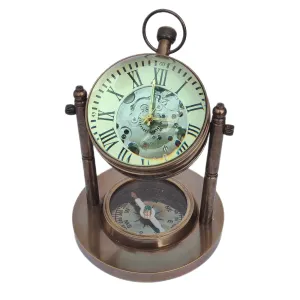 Brass Mechanical Desk Clock Base Compass Collectible Decorative Gift Unique Steampunk Timepiece