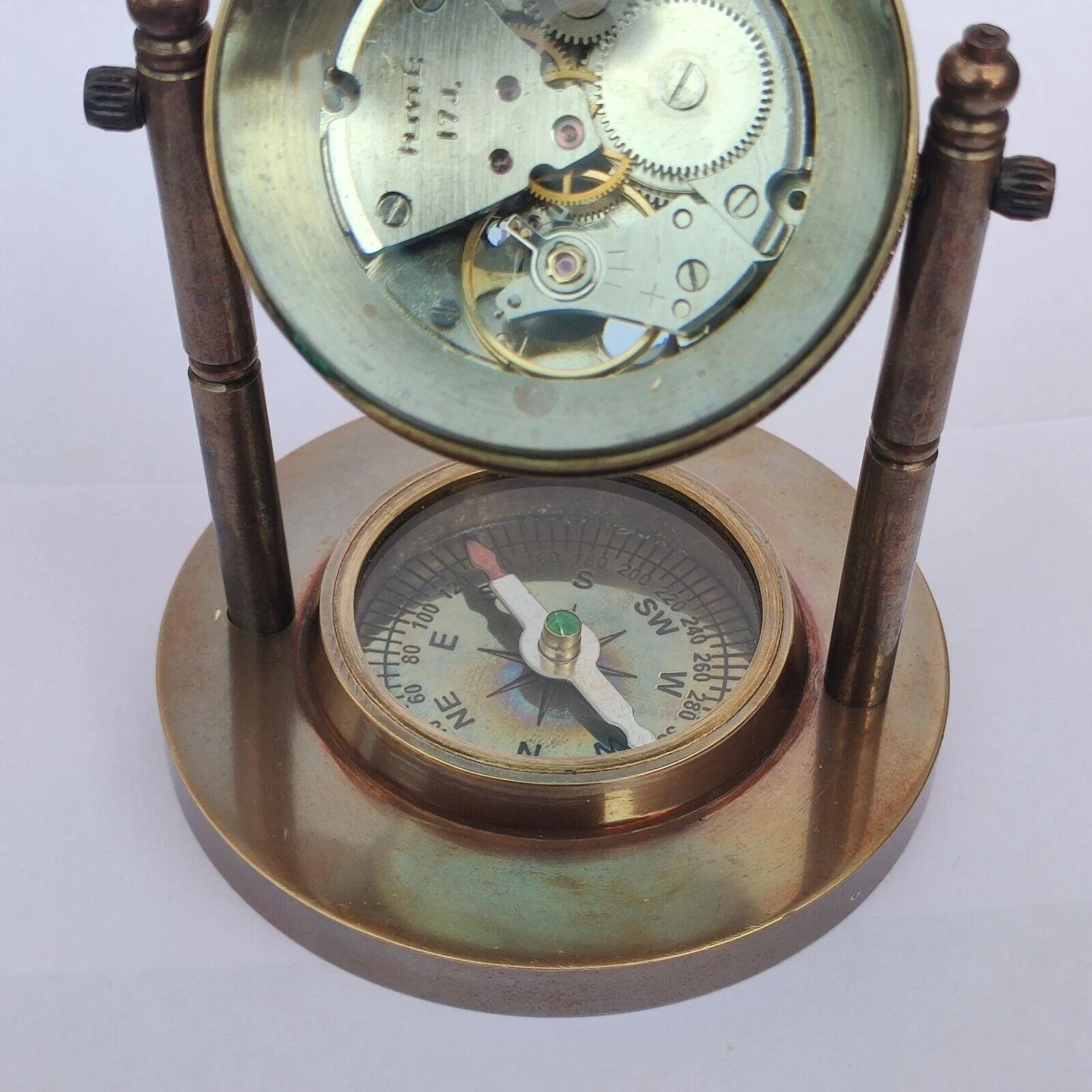 Brass Mechanical Desk Clock Base Compass Collectible Decorative Gift Unique Steampunk Timepiece