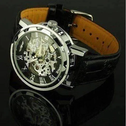 Classic Black Skeleton Hand Wind Watch For Men or Women