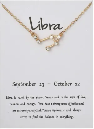 Desiny Jewels Gold Plated Rhinestone Decor Libra Horoscope Astrology Zodiac Card Necklace Alloy Necklace