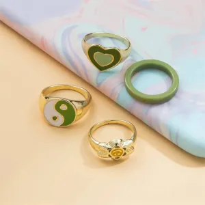 Fashion Geometric Heart Green Rings Set - Set Of 4