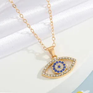 Gold Plated Cz Stone Decor Blue Evil Eye Pendant Necklace Zircon Alloy Necklace