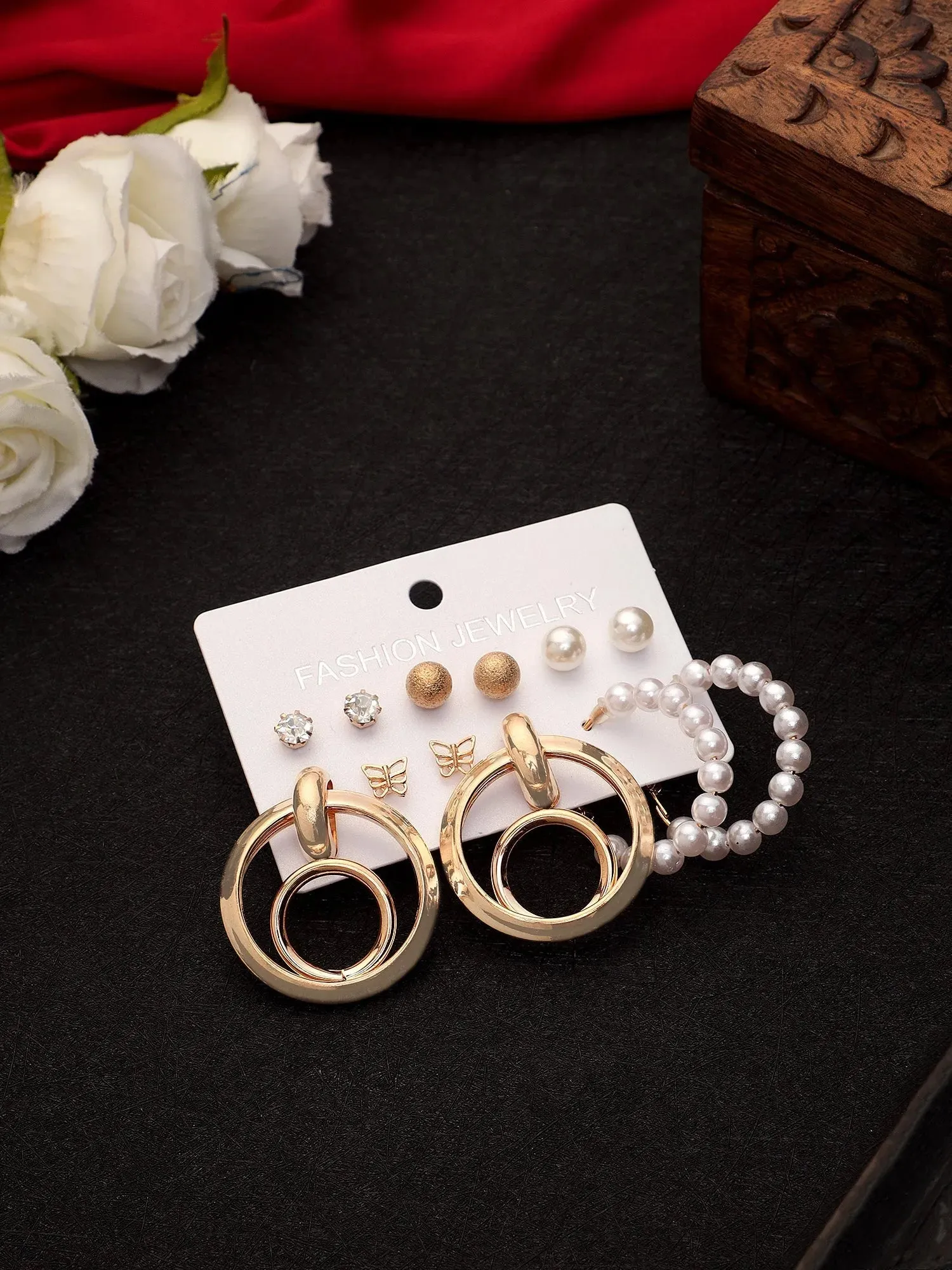 Gold Plated Double Loop And Pearl Décor Hoop Earrings Set For Women & Girls Pearl Alloy Hoop Earring - Pair Of 6