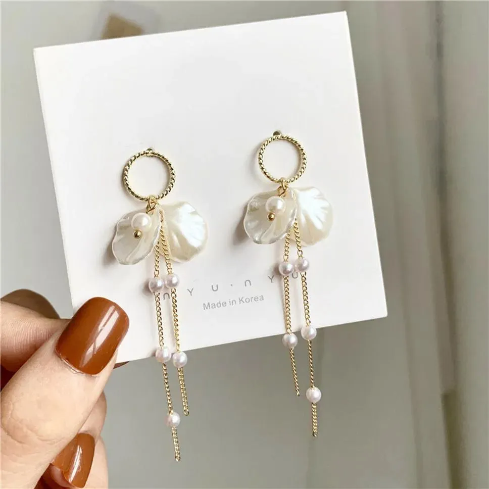 Gold Plated Korean Style Pearl Petals Long Tassel Earrings For Women & Girls Pearl Alloy Drops & Danglers, Hoop Earring, Stud Earring - Pair Of 1