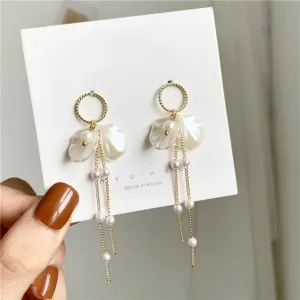 Gold Plated Korean Style Pearl Petals Long Tassel Earrings For Women & Girls Pearl Alloy Drops & Danglers, Hoop Earring, Stud Earring - Pair Of 1