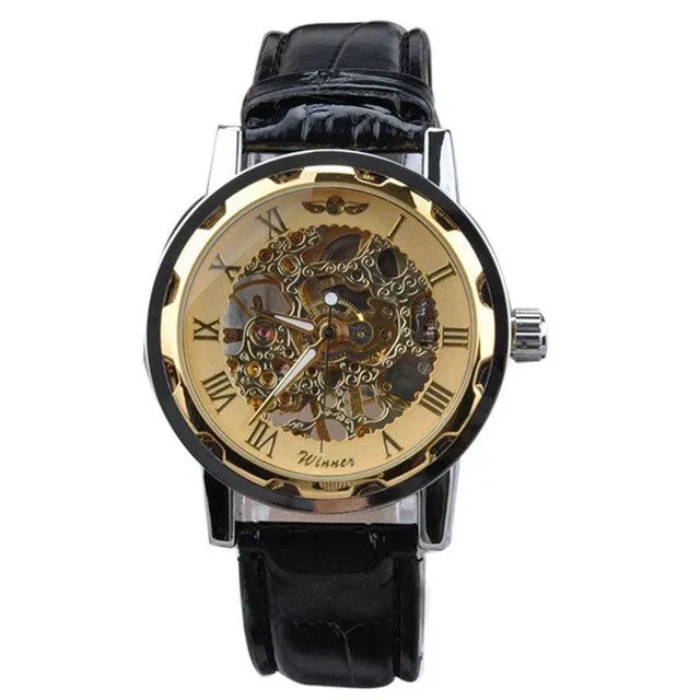 Irisshine i08 high quality Men watches Men's Classic Black Leather Gold Dial Skeleton Mechanical Sport Army Wrist Watch