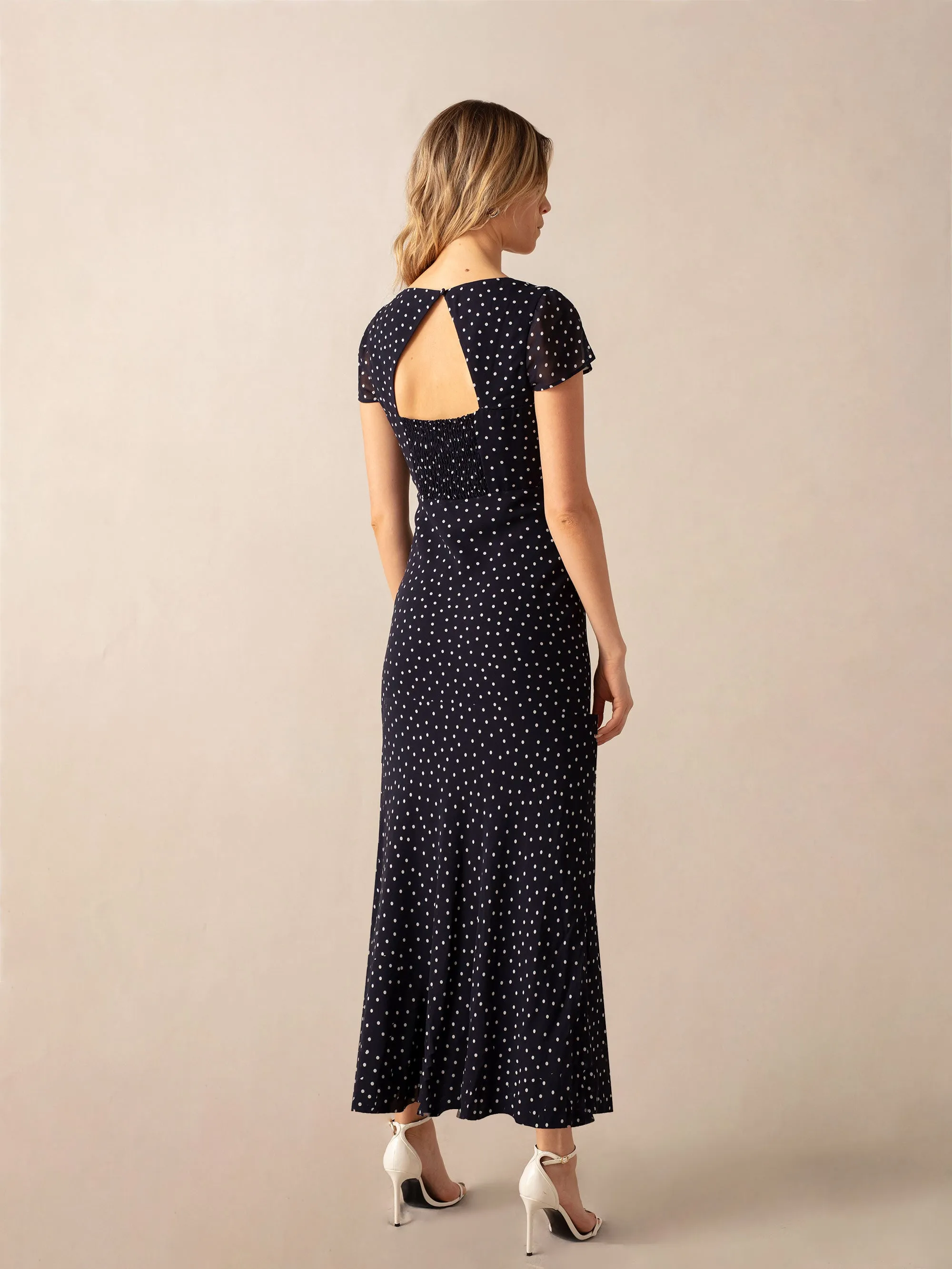 Navy Spot Print Sweetheart Neckline Midi Dress