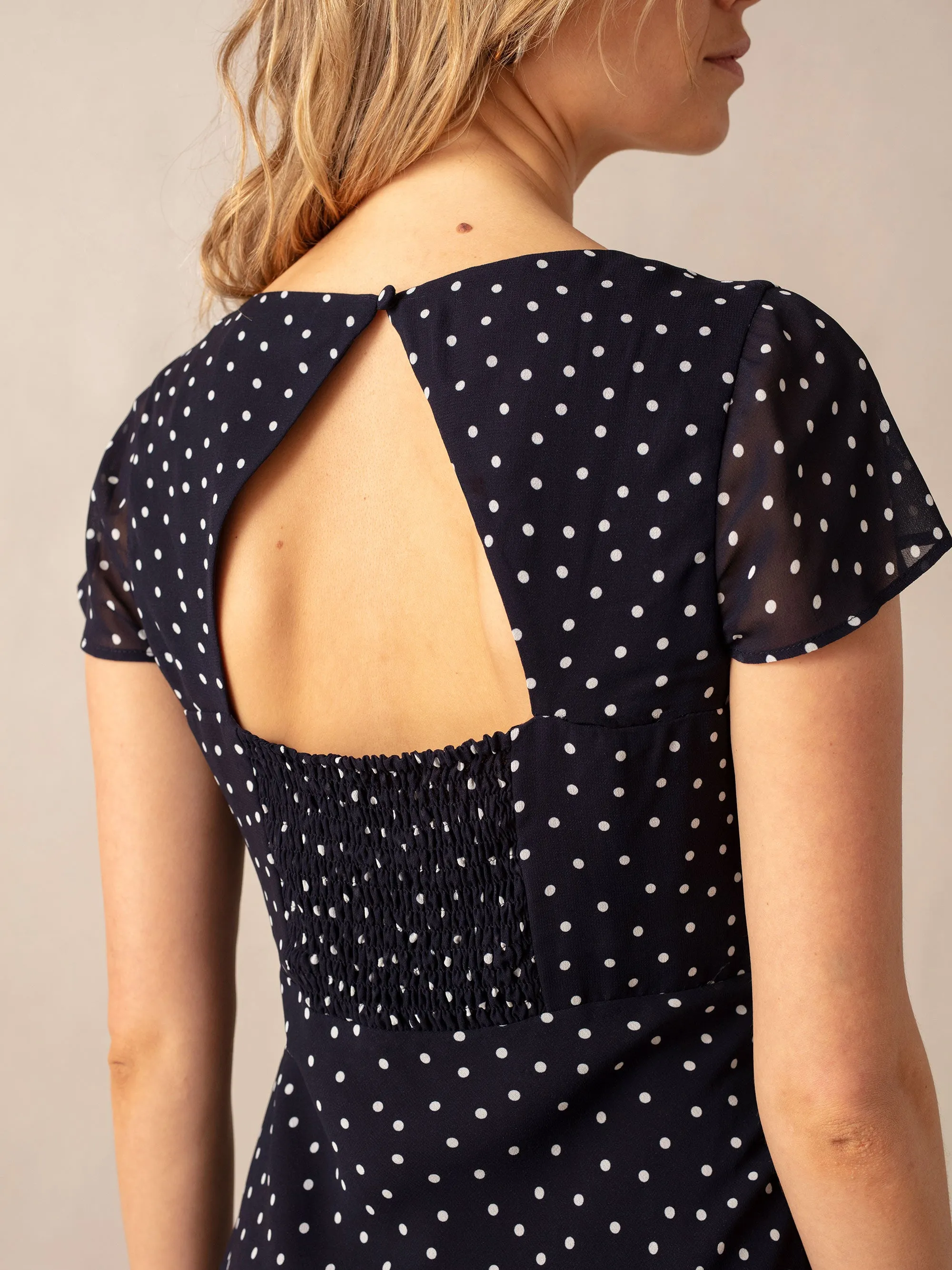 Navy Spot Print Sweetheart Neckline Midi Dress