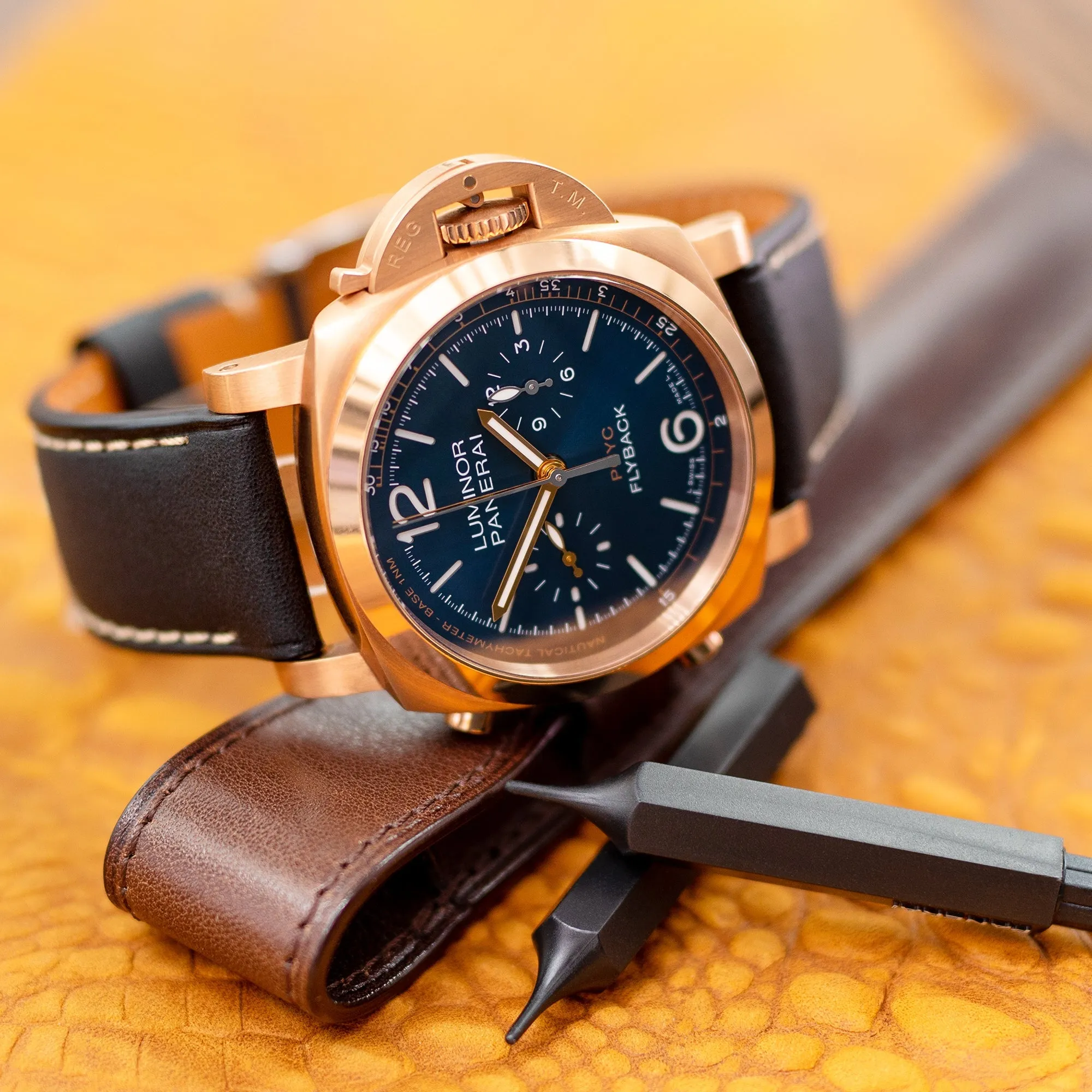 Pam Collection, Matte Black Italian Leather Watch Strap for Panerai, Beige Stitching