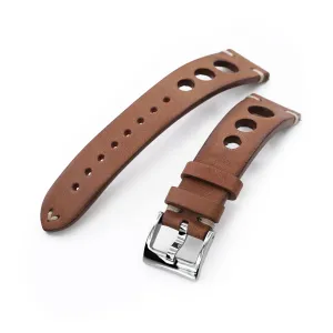 Q.R. 19mm or 20mm Brown Leather Italian Handmade Racer Watch Band, Beige Stitch.