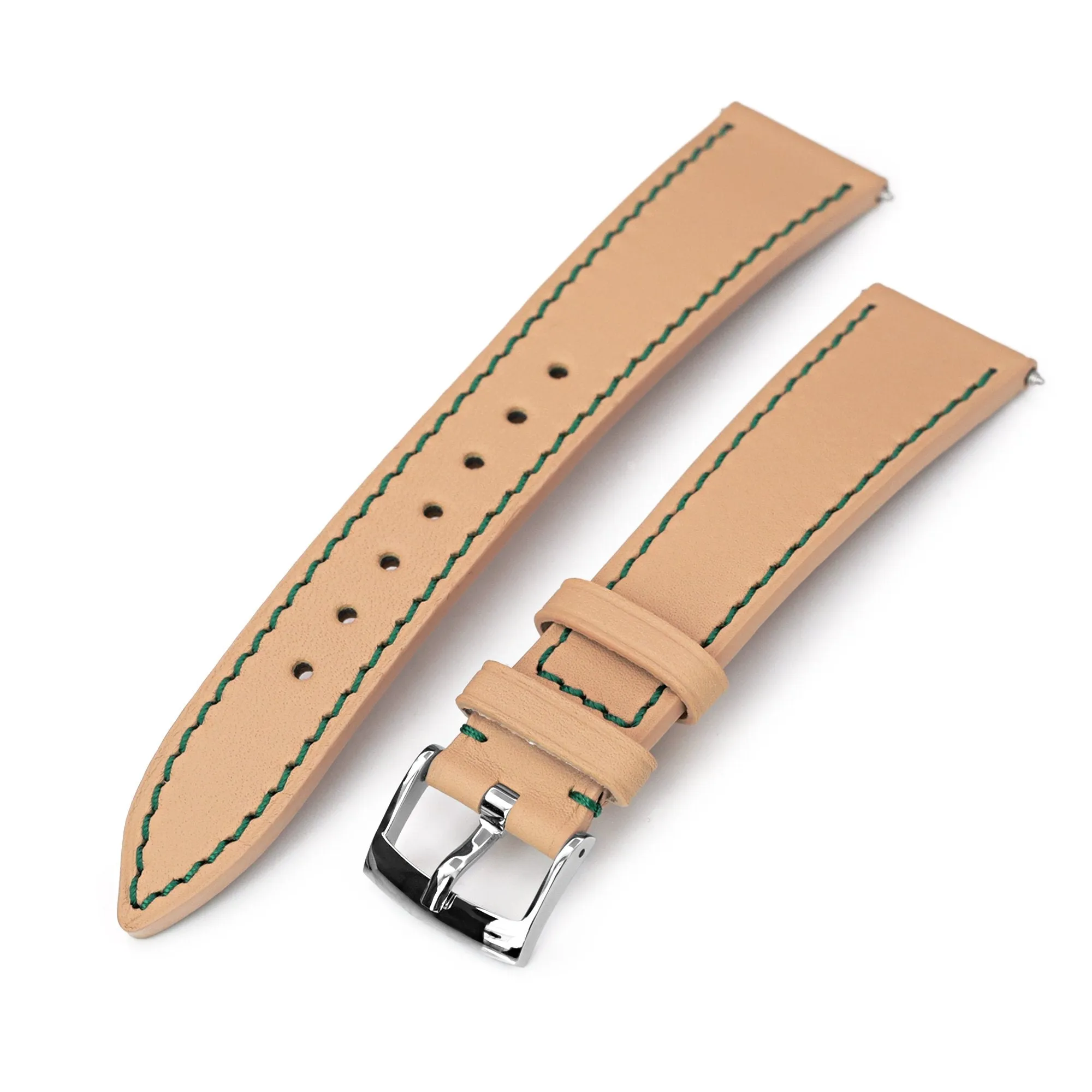 Q.R. 20mm Beige Tapered Leather Watch Band, Forest Green Stitching   Zermatt