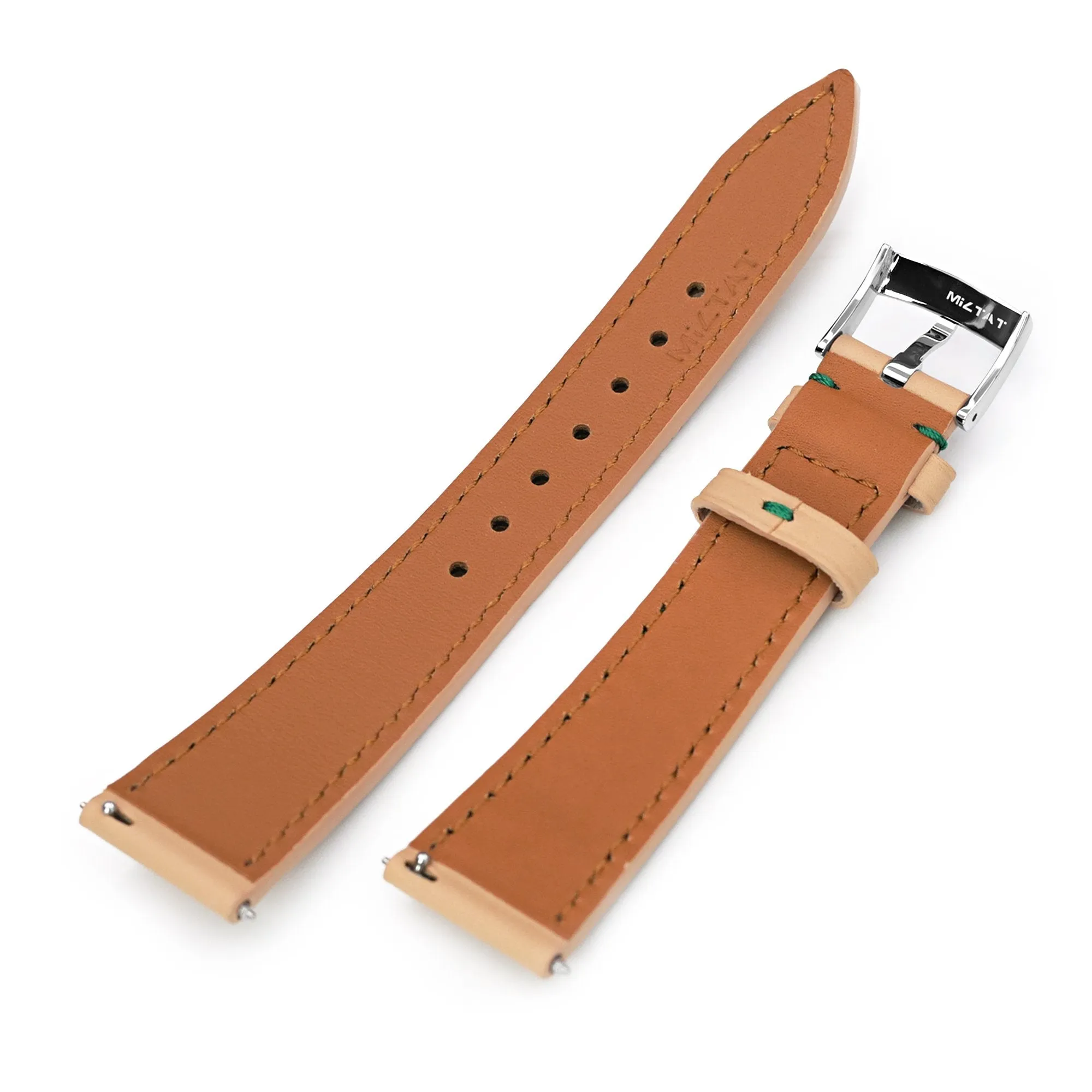 Q.R. 20mm Beige Tapered Leather Watch Band, Forest Green Stitching   Zermatt