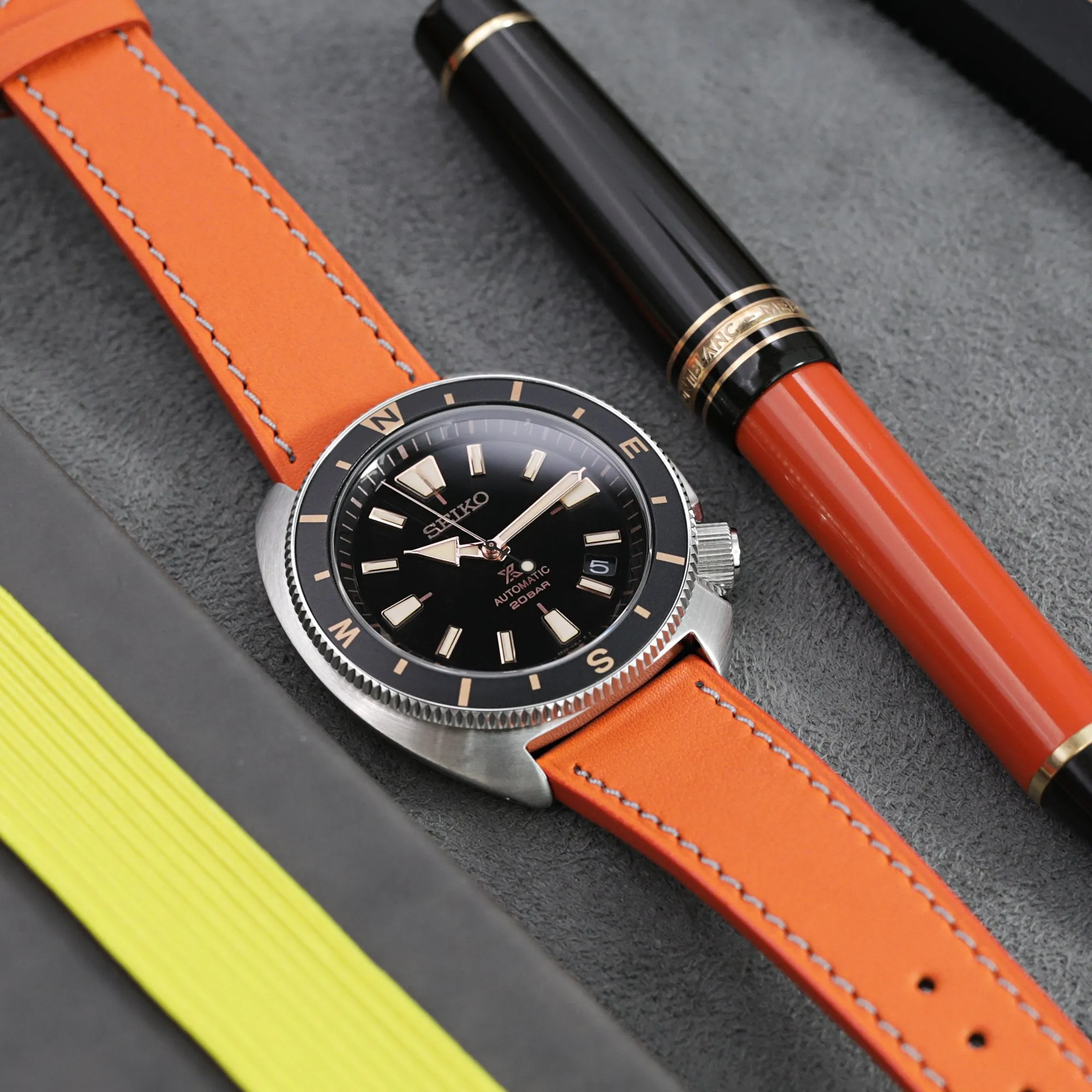 Q.R. 20mm Orange Tapered Leather Watch Band, Light Grey Stitching   Zermatt