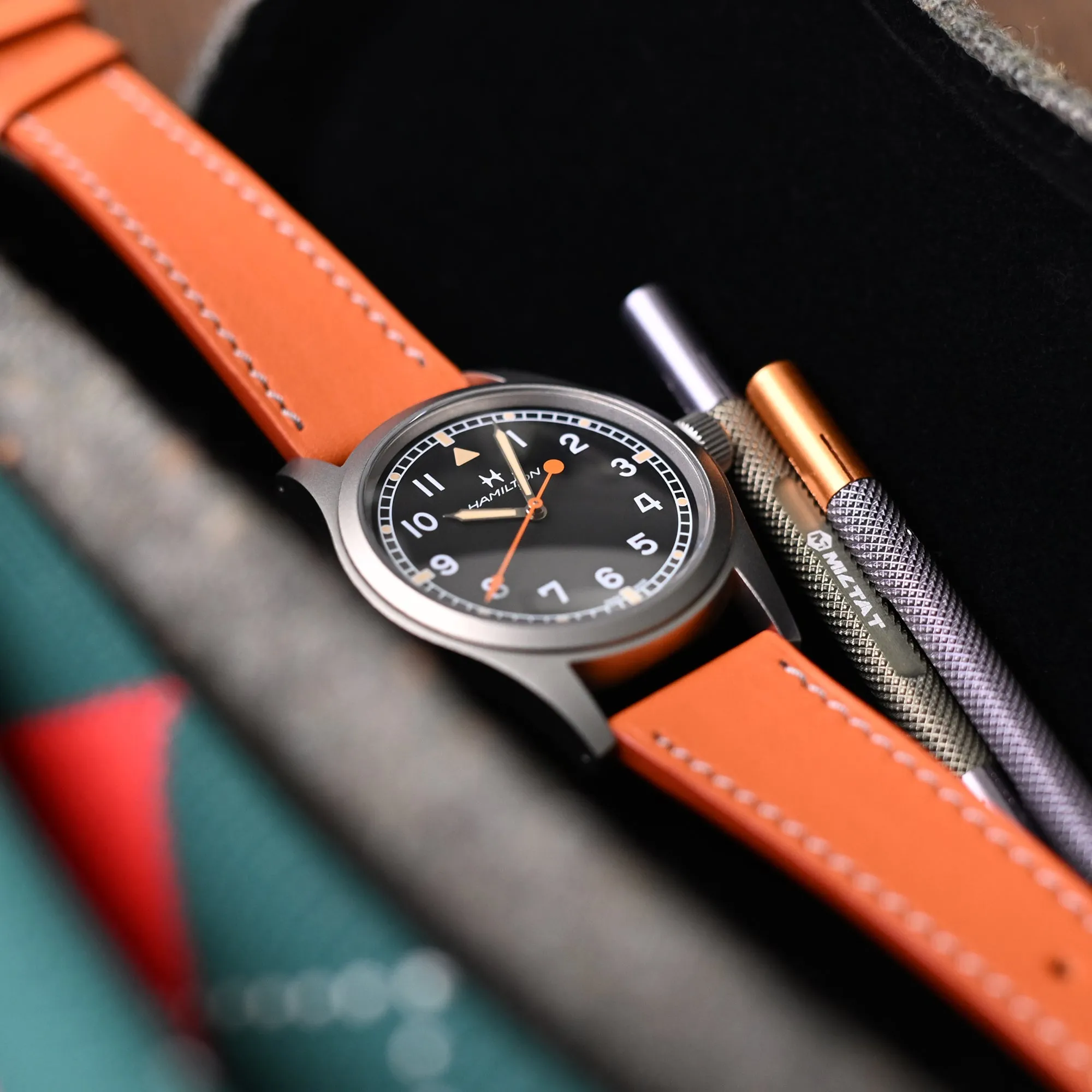 Q.R. 20mm Orange Tapered Leather Watch Band, Light Grey Stitching   Zermatt