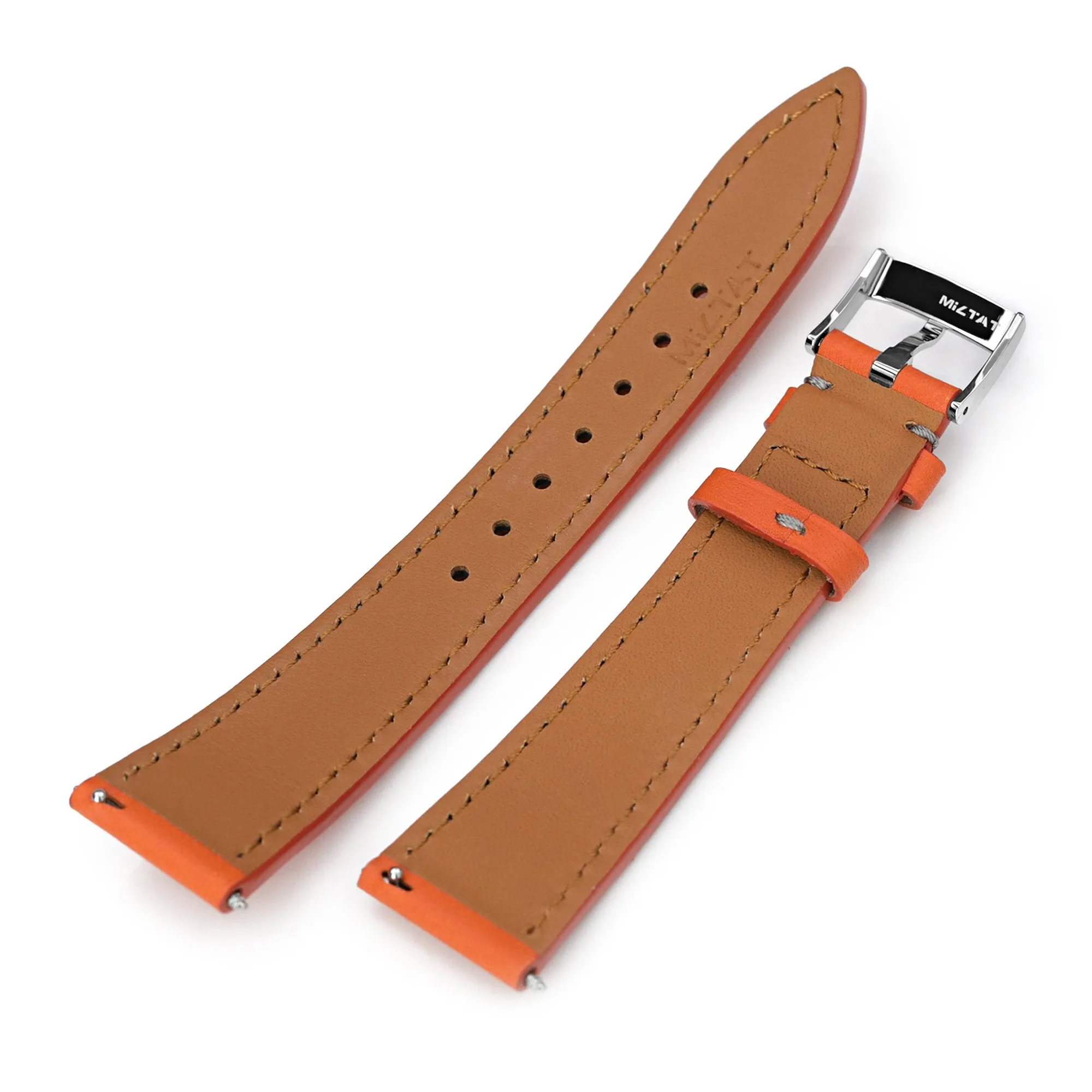 Q.R. 20mm Orange Tapered Leather Watch Band, Light Grey Stitching   Zermatt