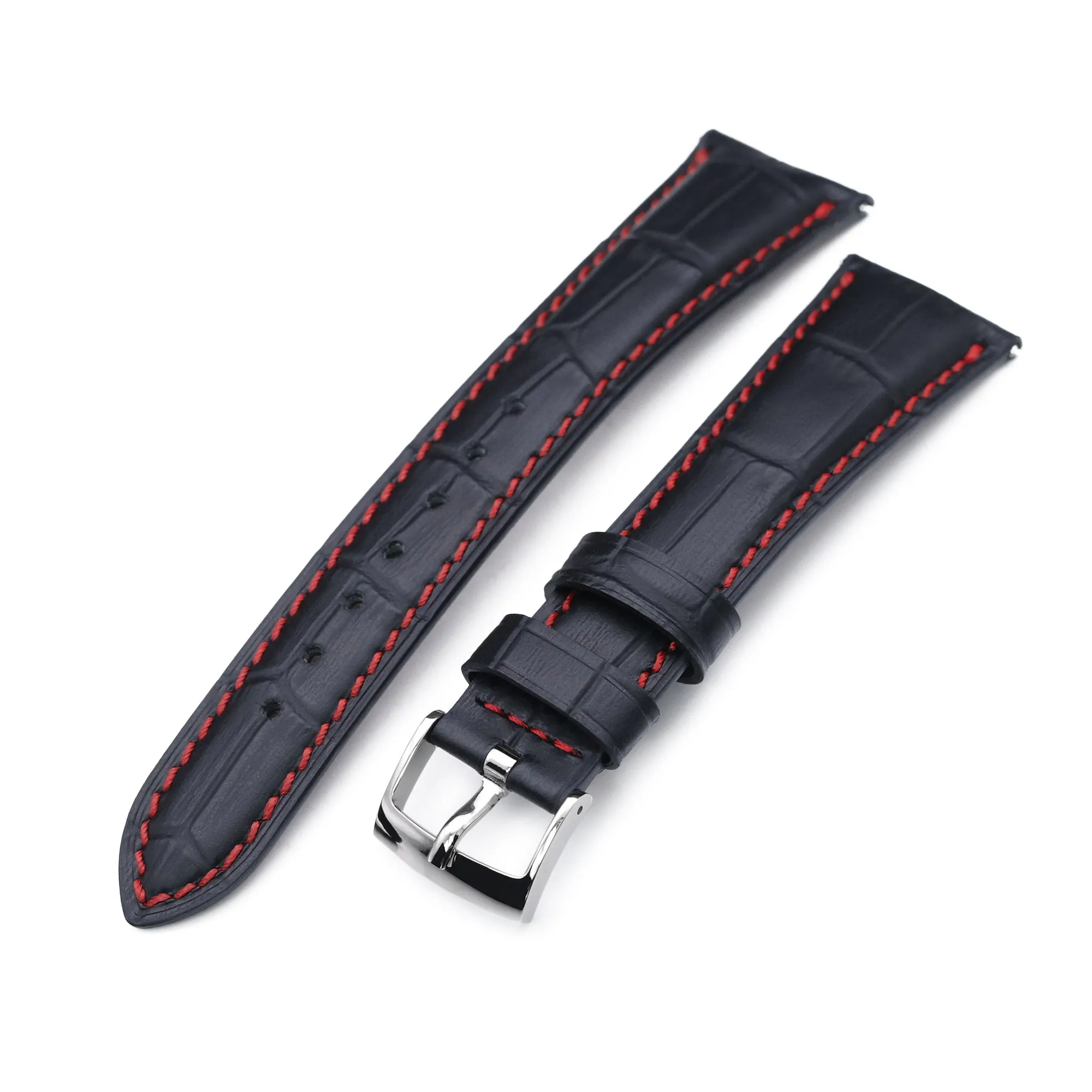 Q.R. 21mm Black CrocoCalf (Croco Grain) Semi-Curved Watch Band, Red Stitch.