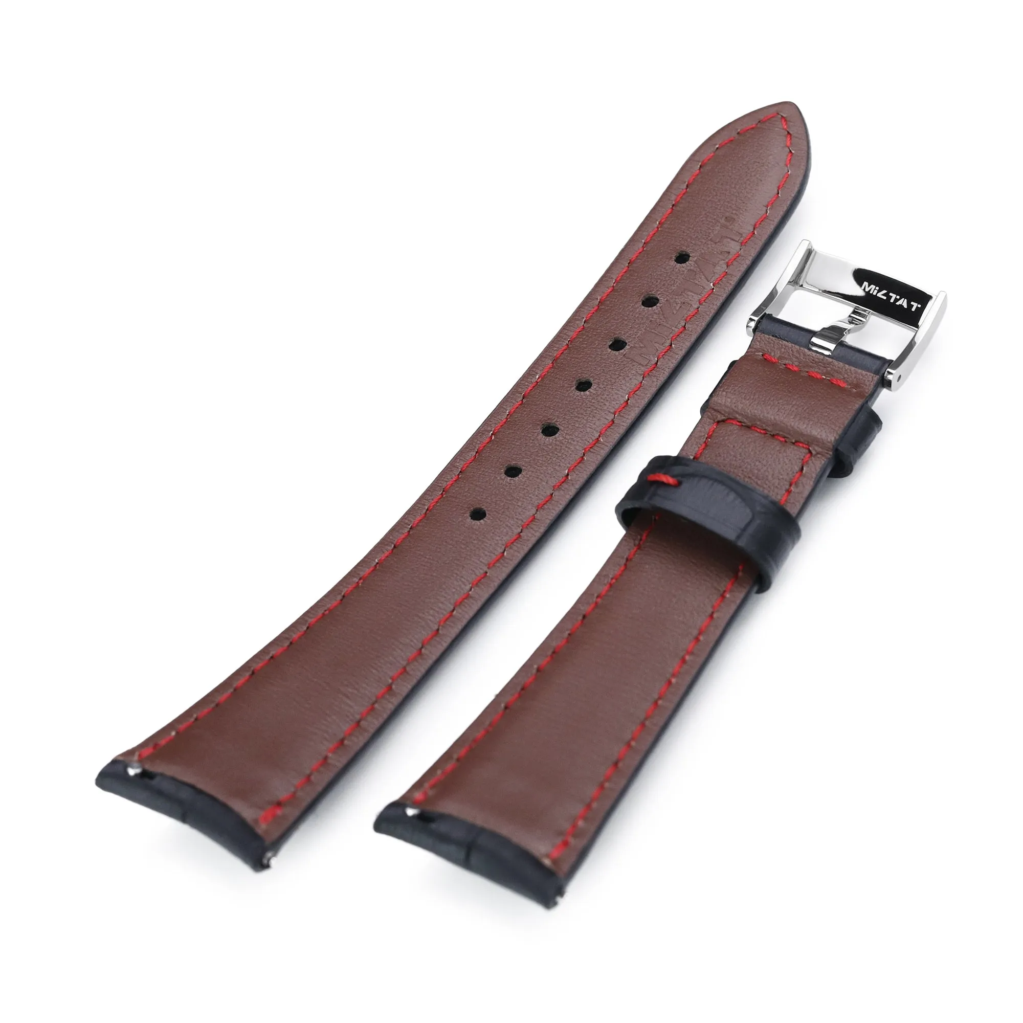 Q.R. 21mm Black CrocoCalf (Croco Grain) Semi-Curved Watch Band, Red Stitch.