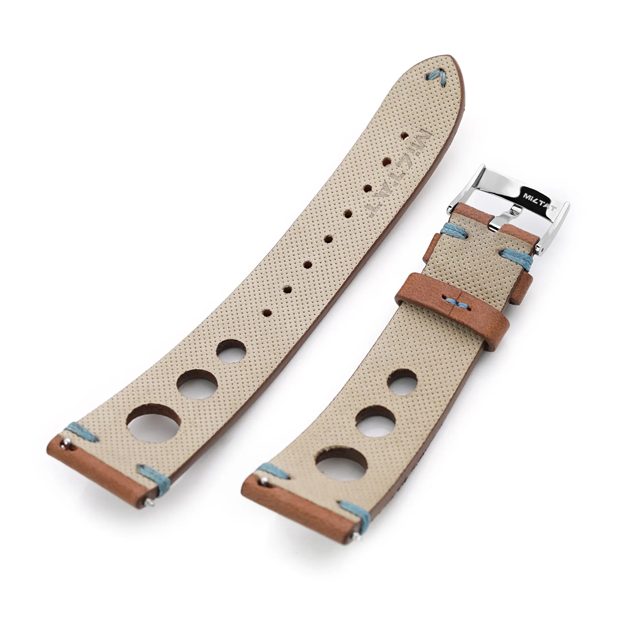 Q.R. 22mm Brown Leather Italian Handmade Racer Watch Band, Blue St.