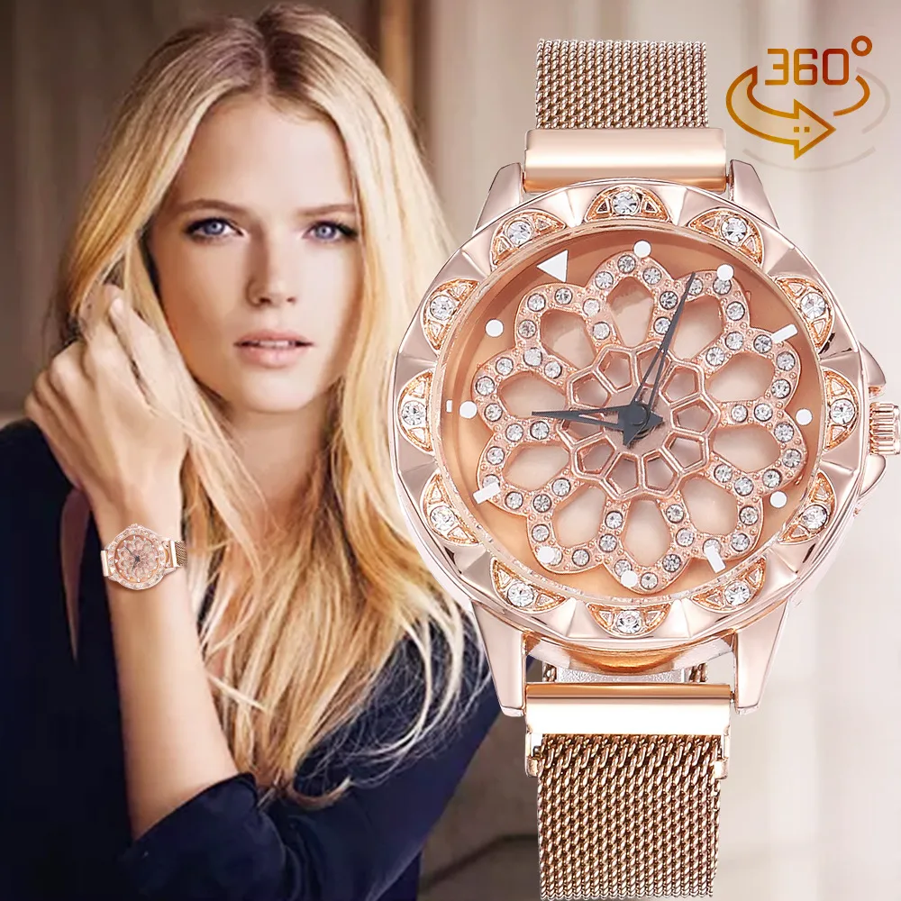 Rose Gold Rotating Flower Watches