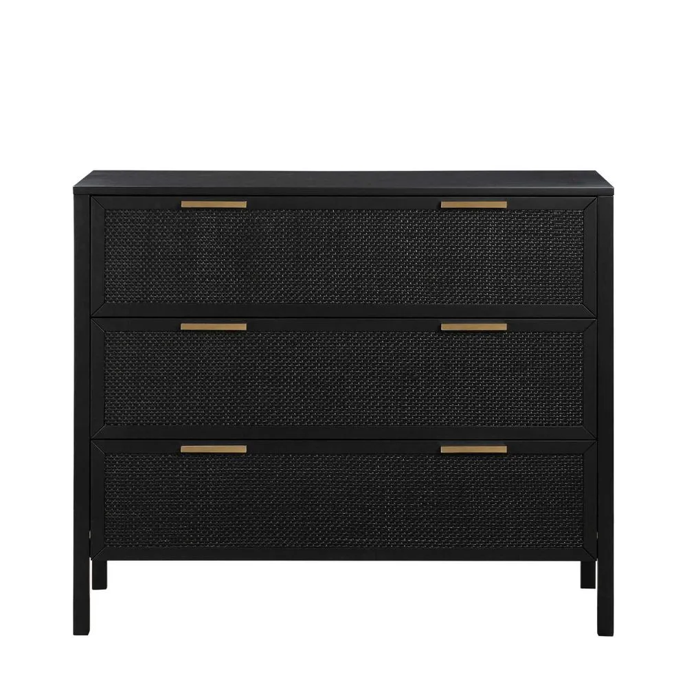 Santorini Hamptons 3 Drawer Timber/Rattan Dresser 100cm Black