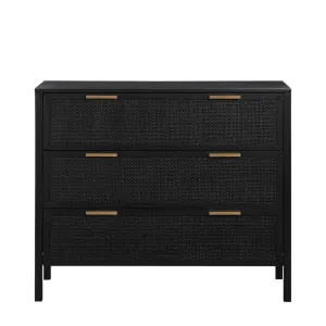 Santorini Hamptons 3 Drawer Timber/Rattan Dresser 100cm Black