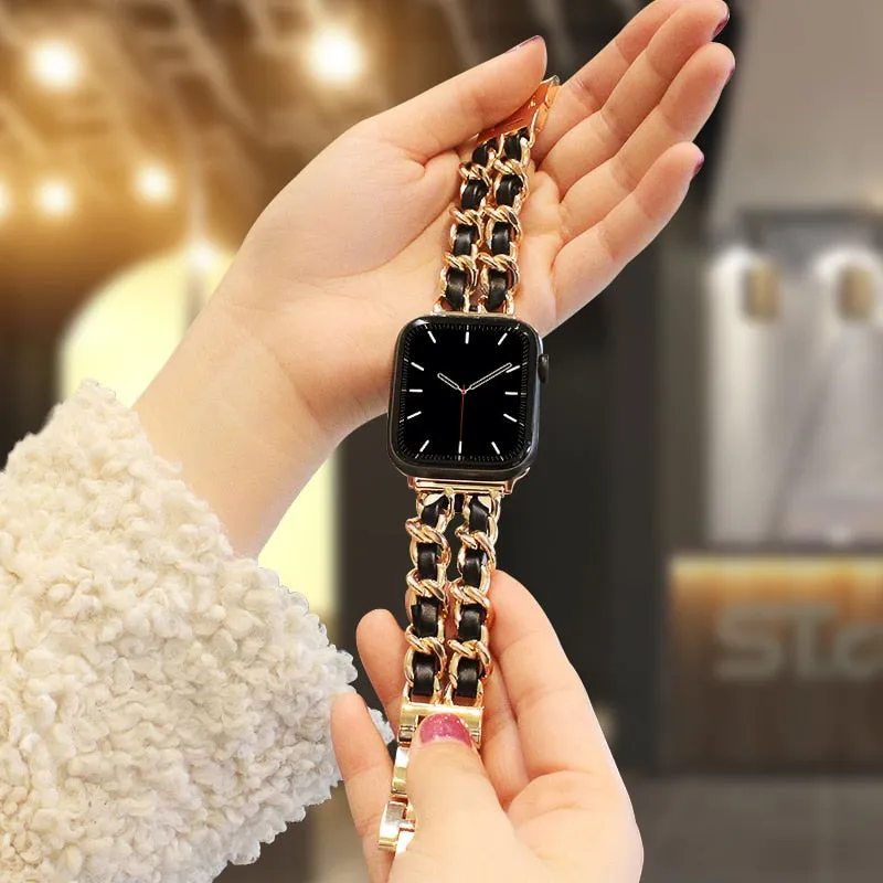 Steel Chain with Leather Jewelry strap for Apple watch women