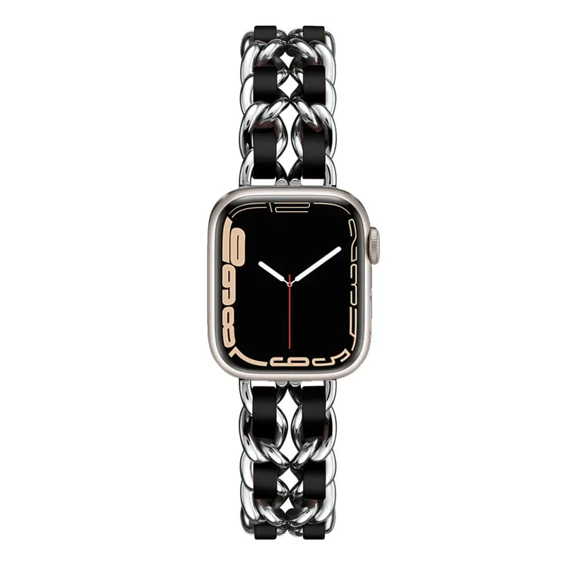 Steel Chain with Leather Jewelry strap for Apple watch women