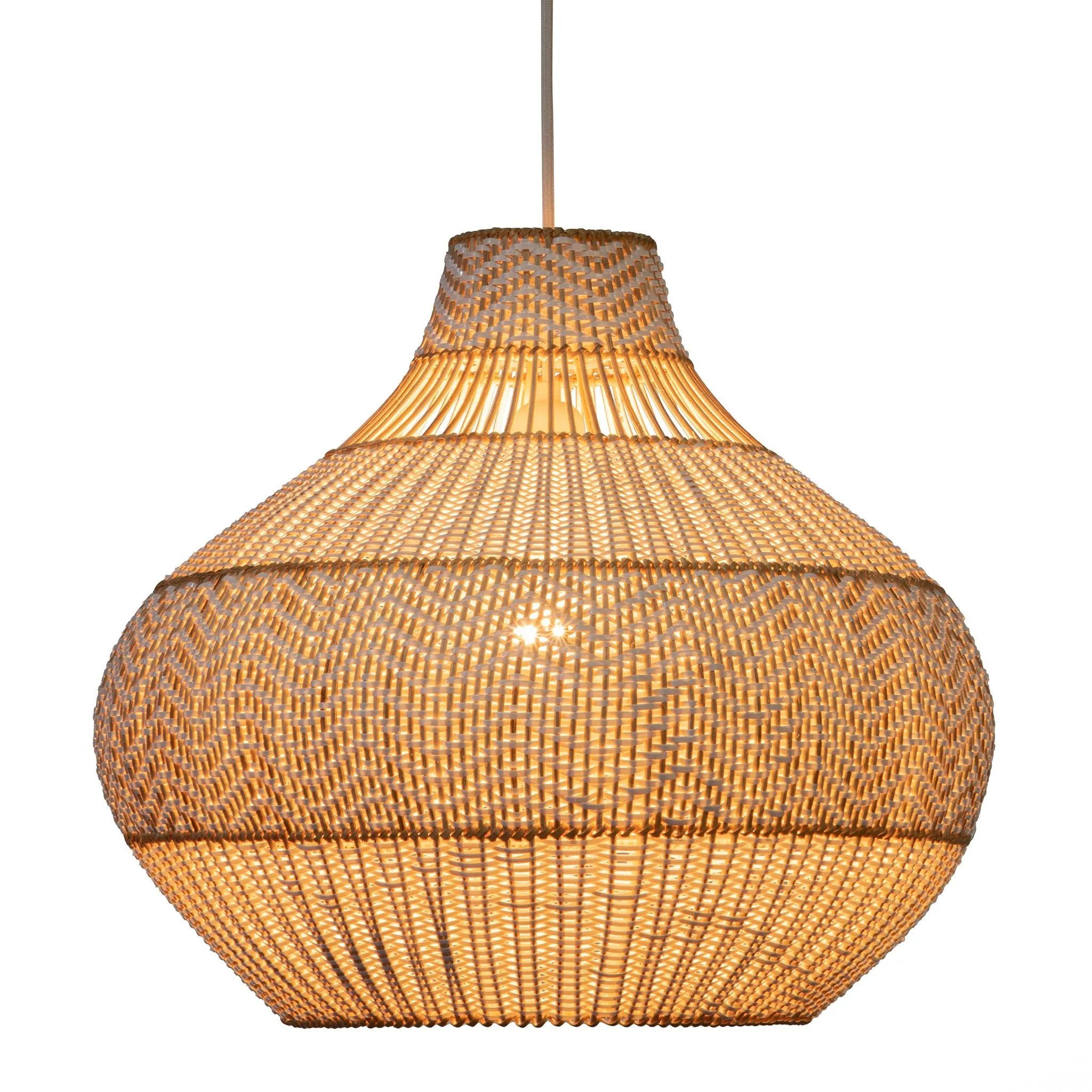 Wicker and Polyrattan Pear Shaped Zig-Zag Pendant Lamp, White, Diam 18 Inches