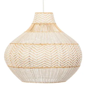 Wicker and Polyrattan Pear Shaped Zig-Zag Pendant Lamp, White, Diam 18 Inches