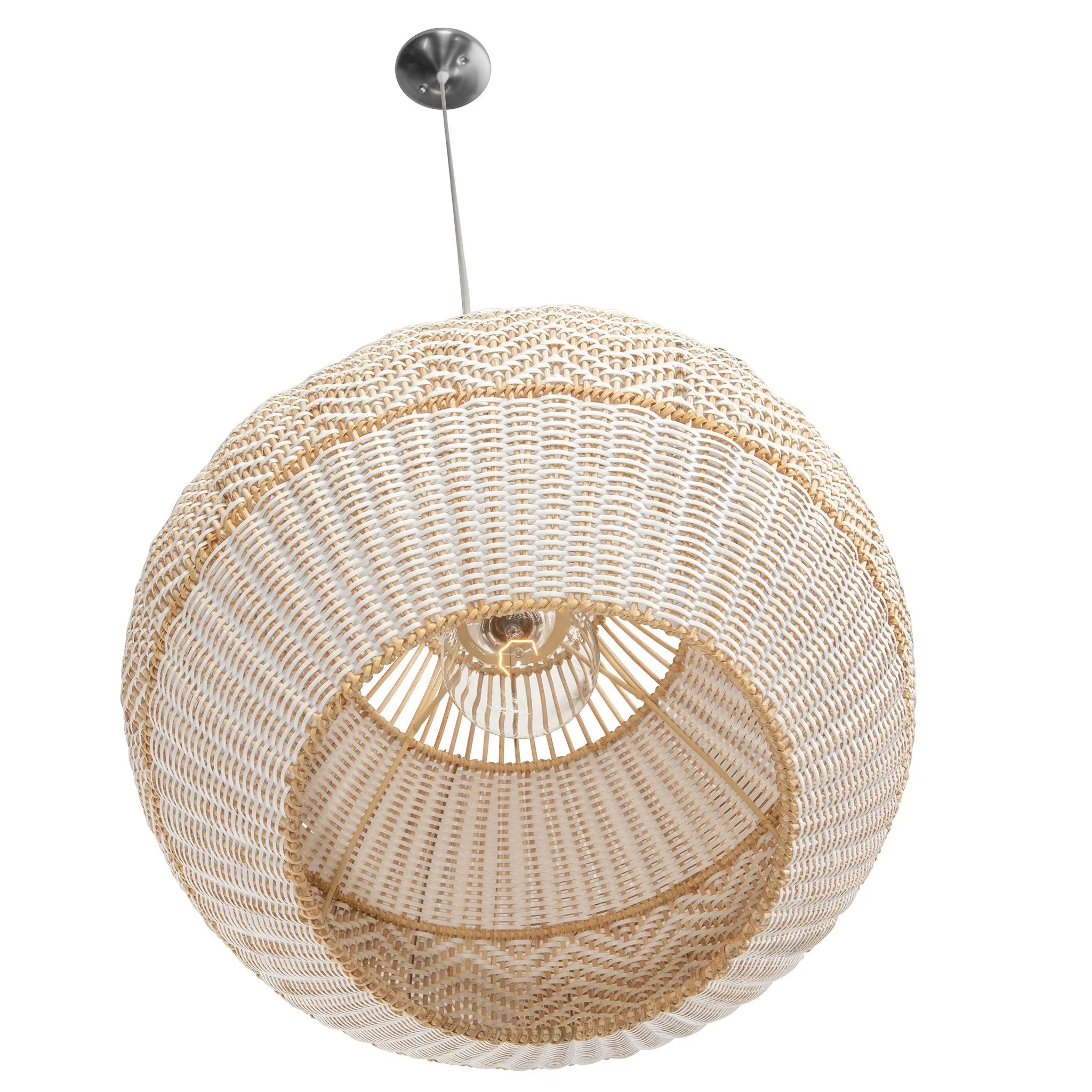 Wicker and Polyrattan Pear Shaped Zig-Zag Pendant Lamp, White, Diam 18 Inches