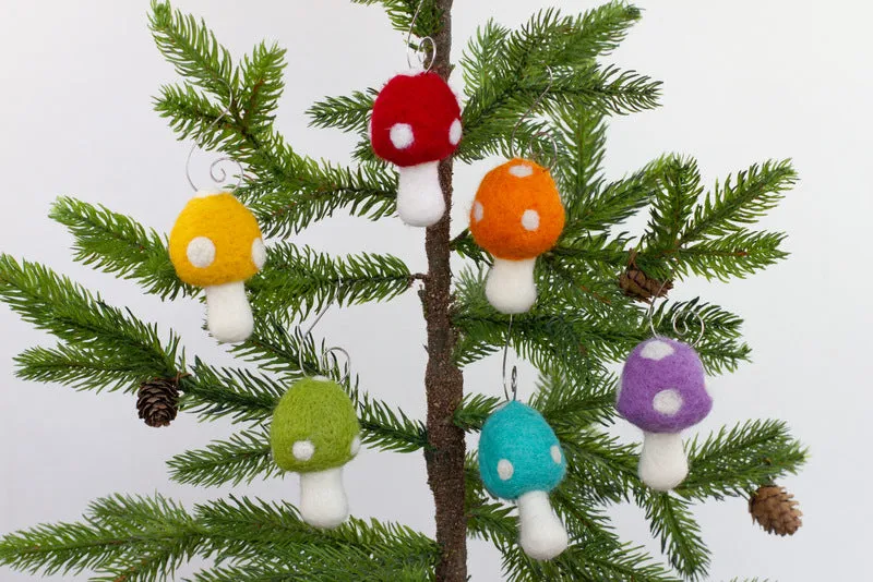 Wool Felt Mushroom Ornaments- Rainbow Colors- 6 Pieces