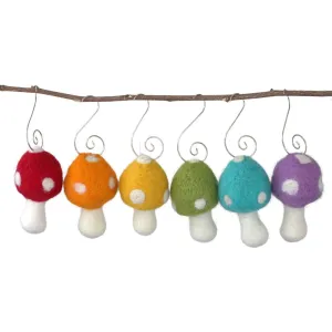 Wool Felt Mushroom Ornaments- Rainbow Colors- 6 Pieces