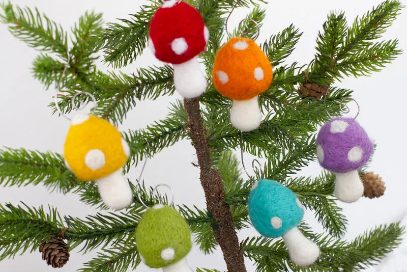 Wool Felt Mushroom Ornaments- Rainbow Colors- 6 Pieces